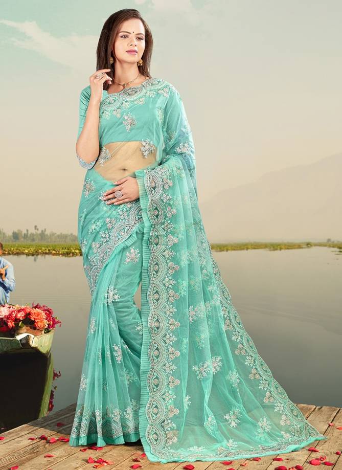 Nari Fashon Latest Fancy Festive Wear Heavy Resham Coding With Silver Jari Emberoidery Work With Frill Border Designer Net Saree Collection 